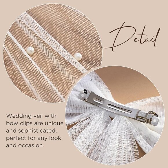 ? Women White Bridal Hair Bow Veil Bow Clip Bachelorette Accessories main image 9